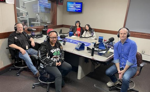 Panel discussion in a radio studio about women in skilled trades and welding careers in Rochester NY